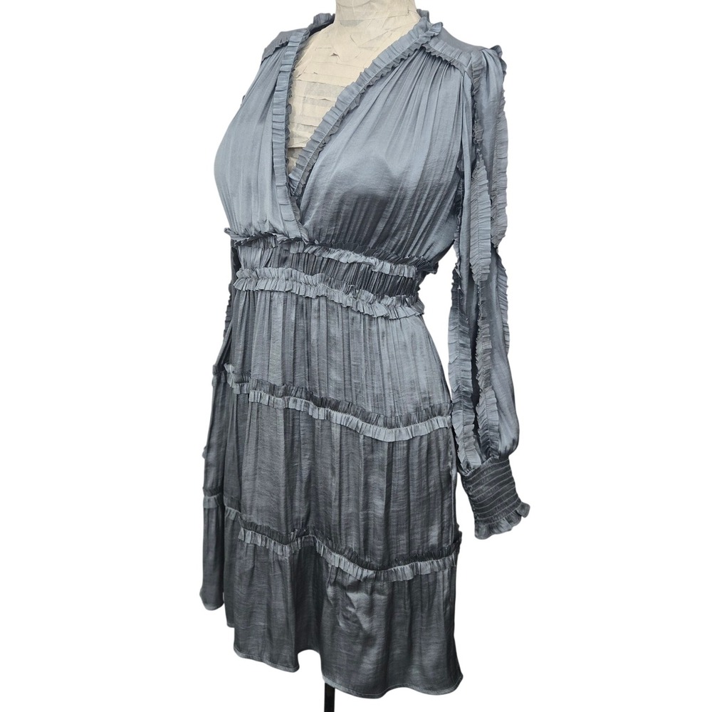 OPT‎ Ruffled Tiered Dress XS Blue Smocked V-Neck Mini Long Sleeve Romantic
